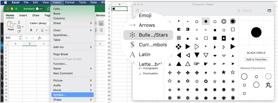 Поставете символи в Microsoft Excel на Mac