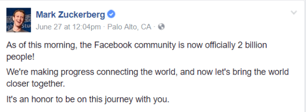 Facebook надмина основния етап от 2 милиарда активни потребители месечно.