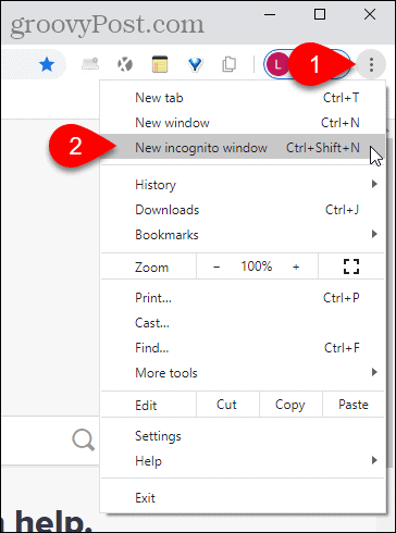 Изберете нов прозорец в режим „инкогнито“ в Chrome