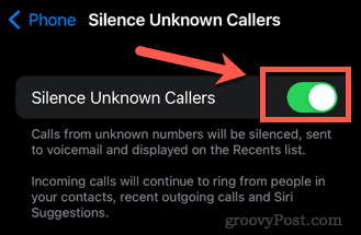 включете тишината на неизвестните обаждащи се на iphone
