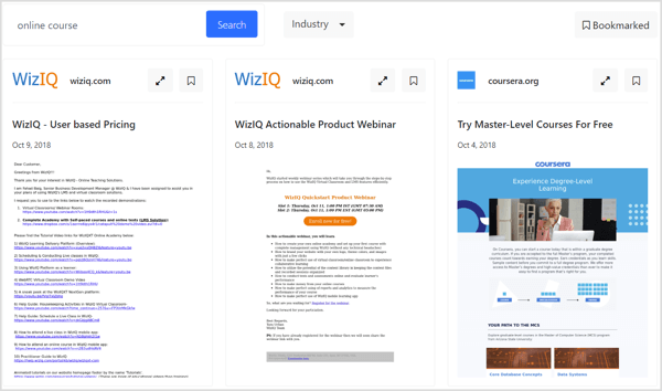 WhoSendsWhat ви позволява да маркирате имейли за бъдещи справки, да сортирате проби от имейли по индустрия и да започнете търсенето си с конкретни домейни.