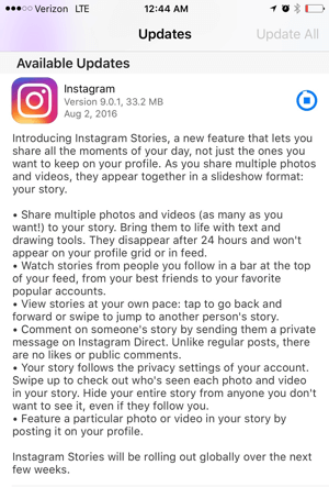 актуализация на истории за приложения на Instagram