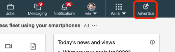 снимка на екрана на бутона Рекламиране в LinkedIn