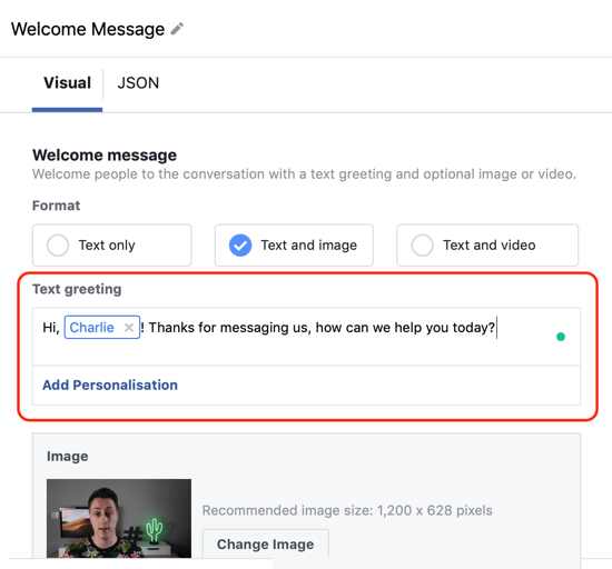Как да насочите топлите клиенти с реклами на Facebook Messenger, стъпка 12, пример за персонализиране на шаблон за дестинация на Messenger