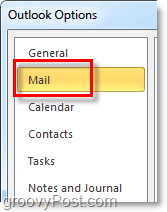 щракнете върху раздела с опции за поща в Outlook 2010