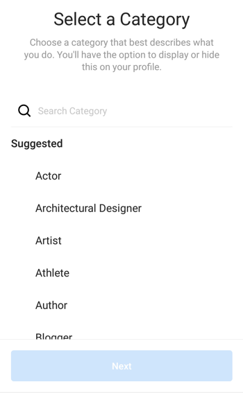 Избор на категория профил на Instagram Creator, стъпка 1.