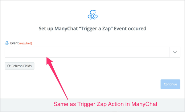 Изберете действието Trigger Zap, което сте създали в потока ManyChat.