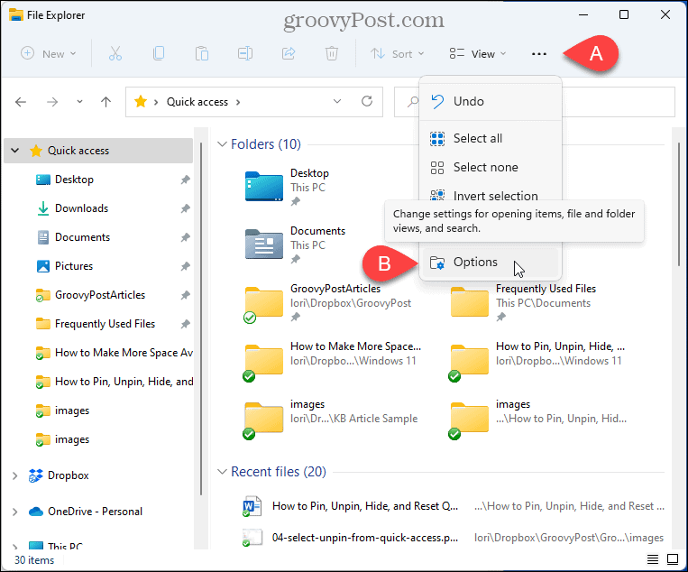 Изберете Опции във File Explorer
