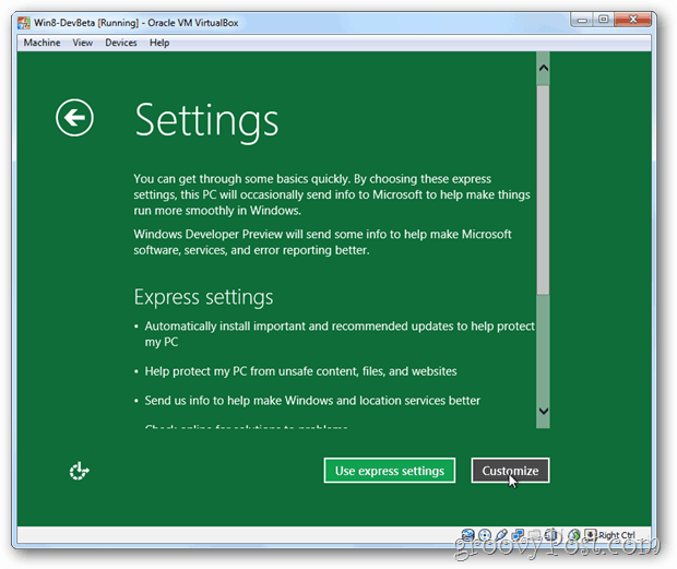 VirtualBox Windows 8 експресна или персонализираща настройка