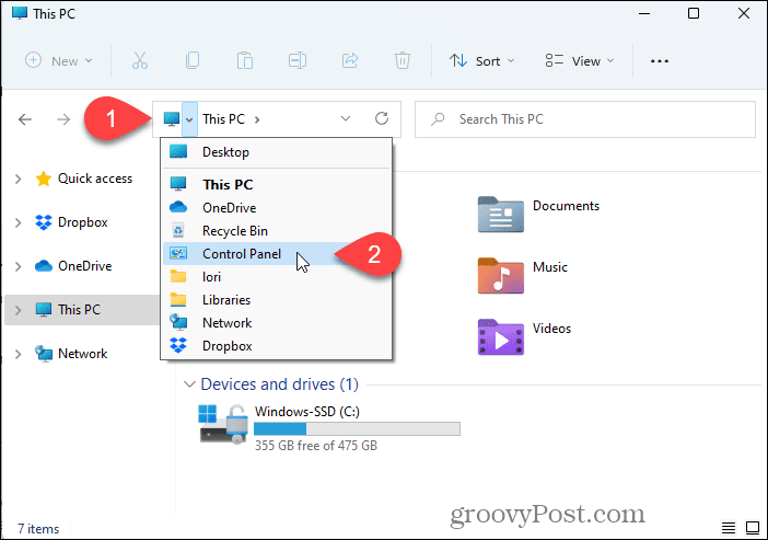 Отворете контролния панел с помощта на File Explorer