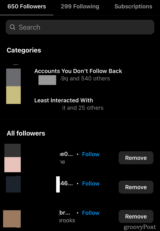 Управление на последователите в Instagram - списък с последователи