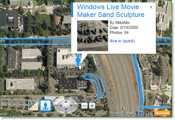 следвайте сините линии, за да видите къде е на разположение на улицата и следете за зелени щифтове за горещи точки на Photosynth