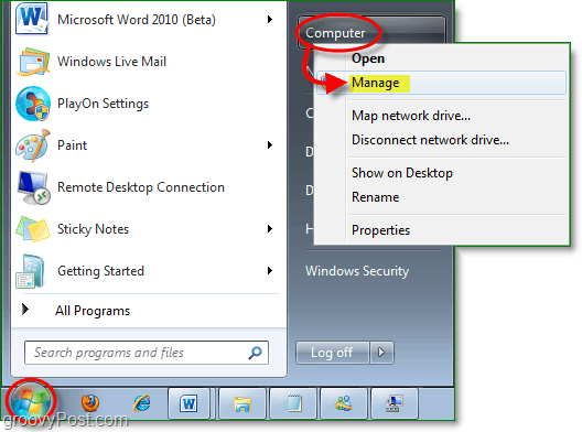 достъп до мениджъра на устройства от стартовото меню на Windows 7