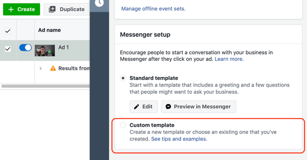 Как да насочвате топлите клиенти с реклами във Facebook Messenger, стъпка 10, опция за персонализиран шаблон на дестинация за съобщения
