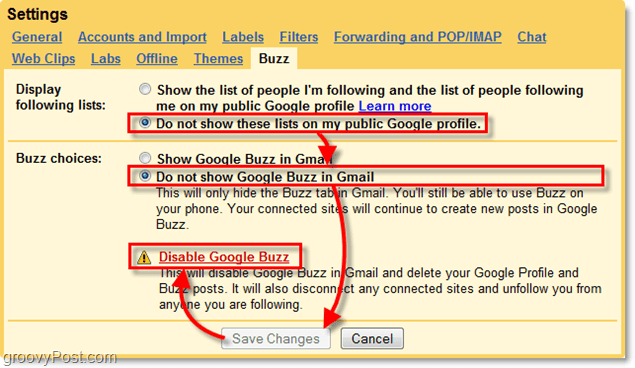 в настройките на gmail щракнете върху раздела Google Buzz