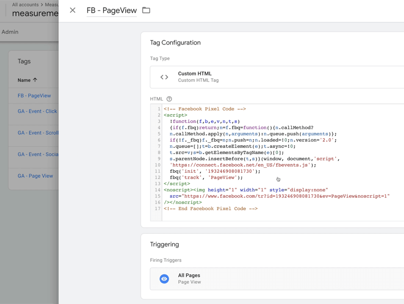 пример конфигурация на маркери на мениджър на маркери на Google, наречена fb pageview с тип маркер, зададен на персонализиран html с някакъв html код, със задействащи задействания на всички страници