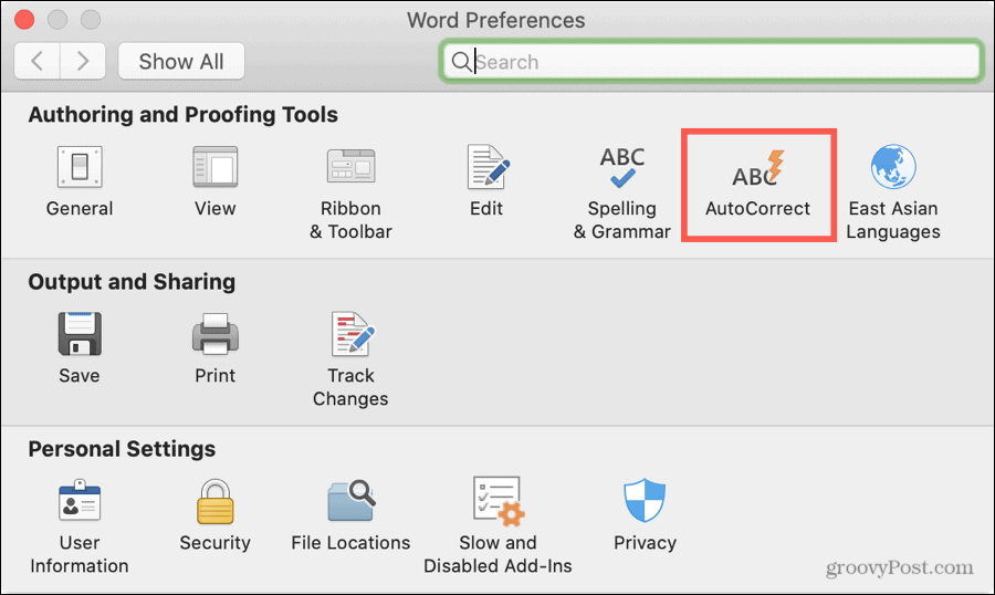 Word Preferences AutoCorrect на Mac