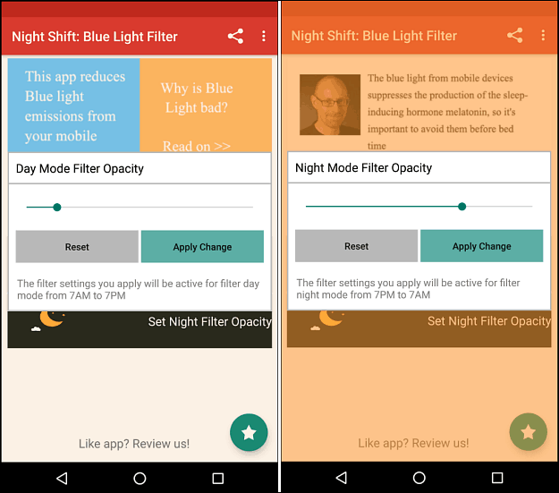 филтър за нощна смяна синя светлина Android