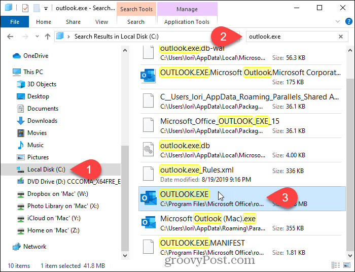 Търсете Outlook във File Explorer