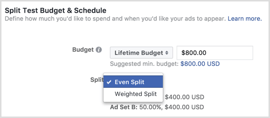 Бюджет за тест за разделяне на реклами във Facebook