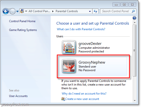 изберете потребител, който да коригира родителските свойства за контрол в Windows 7