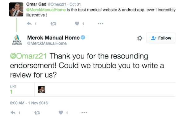 Merck Manual Home насърчава клиента да остави рецензия за приложението си.