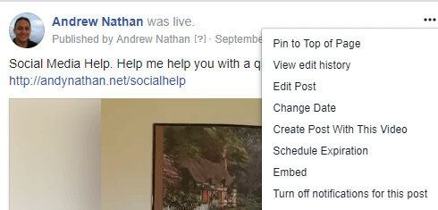 За да получите кода за вграждане във видео публикация във Facebook на живо, щракнете върху менюто с три точки и изберете Вграждане.