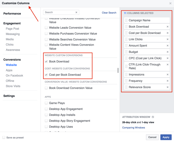 Изберете колоните, които искате да добавите към таблицата си с резултати от реклами във Facebook.