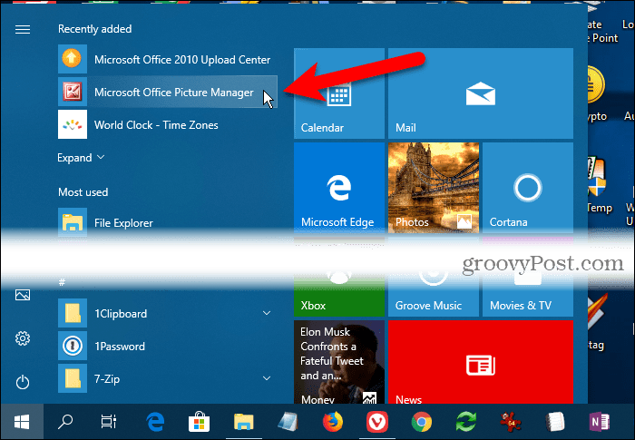 Microsoft Office Picture Manager под Наскоро добавено в менюто Windows 10 Start