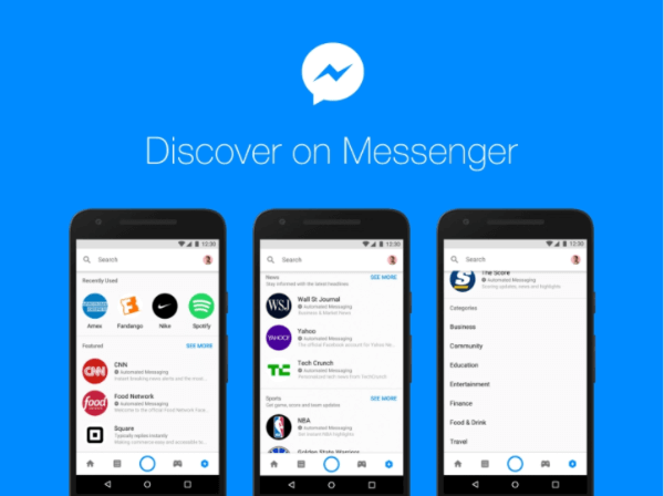 Новият център за откриване на Facebook в рамките на платформата Messenger дава възможност на хората да сърфират и да намират ботове и фирми в Messenger.