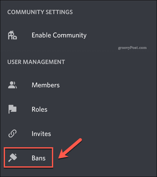 Опцията в менюто Bans в менюто за настройки на приложението Discord