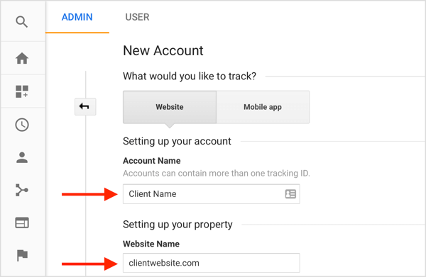 Попълнете информация, за да създадете нов клиентски акаунт от вашия акаунт в Google Analytics.
