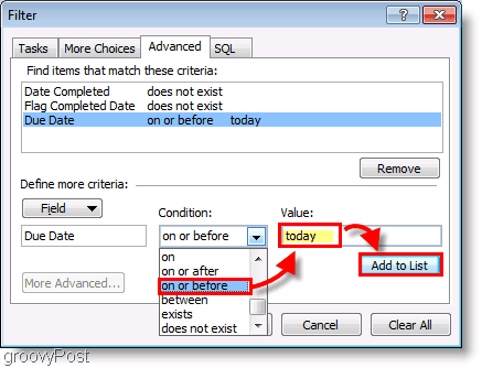 Снимка на екрана: Филтър за настройка на лентата за задачи на Outlook 2007 днес