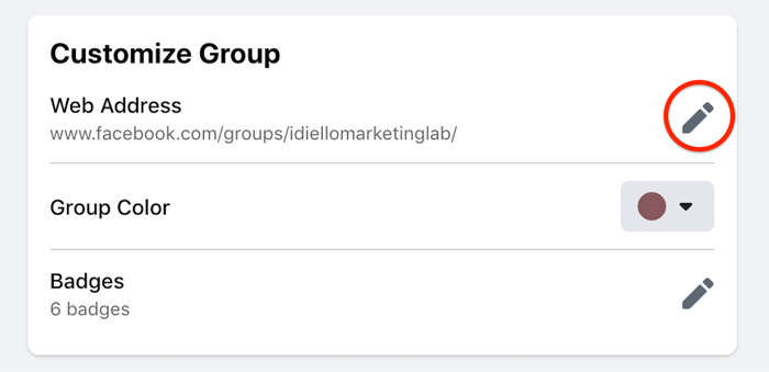 опция за персонализиране на групови настройки на facebook, маркирана за редактиране на уеб адреса