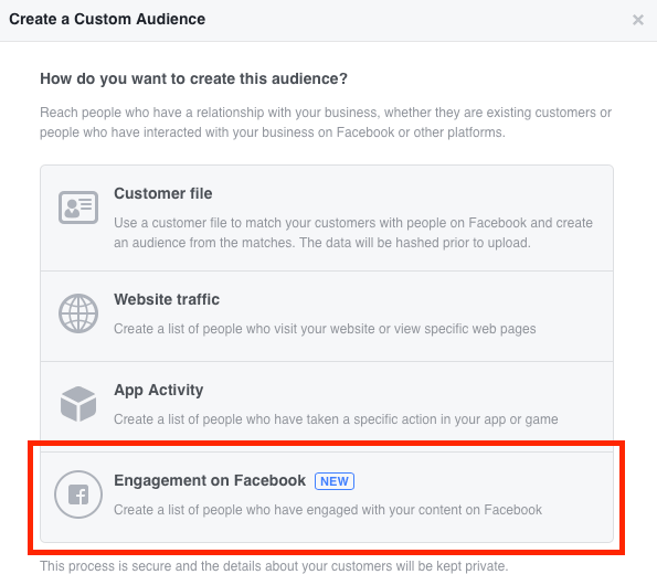 Изберете Engagement във Facebook, когато създавате своя персонализирана видео аудитория.