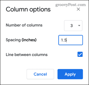 Менюто с опции за колони в Google Документи
