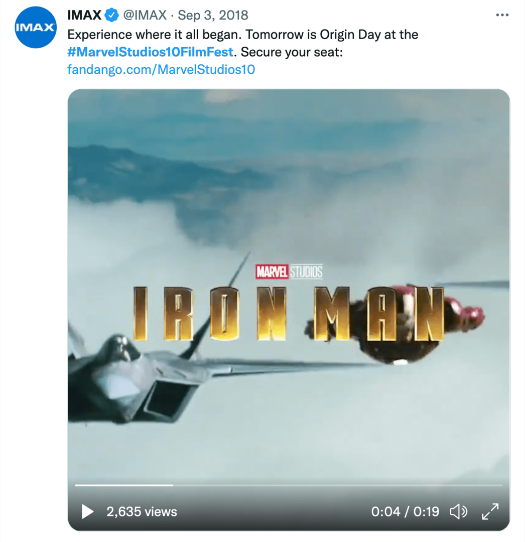изображение на туит на IMAX за 10-годишния филмов фестивал на Marvel Studios