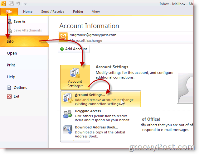Настройки на акаунта на Outlook 2010