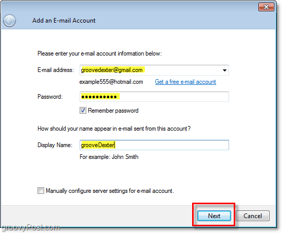 въведете идентификационни данни за имейл акаунта в жива поща на Windows