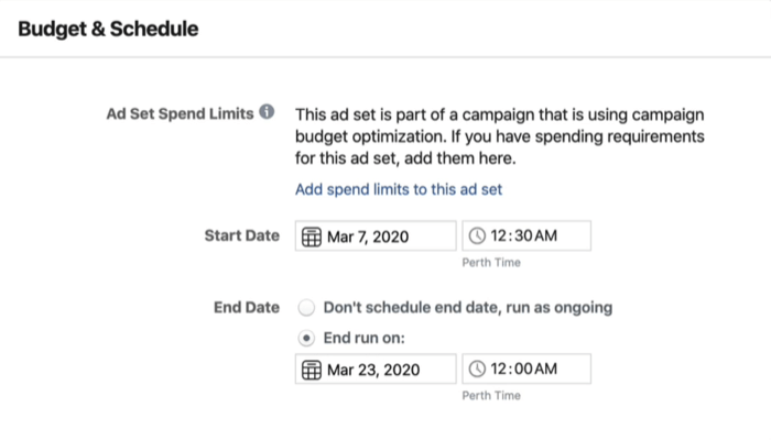 Раздел Бюджет и график на ниво набор от реклами във Facebook Ads Manager