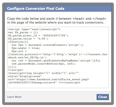 код за преобразуване на пиксели във facebook