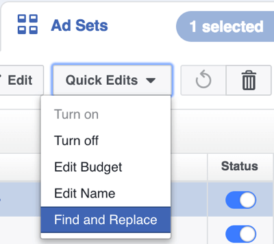 В Power Editor щракнете върху Quick Edits и изберете Find and Replace от падащото меню.