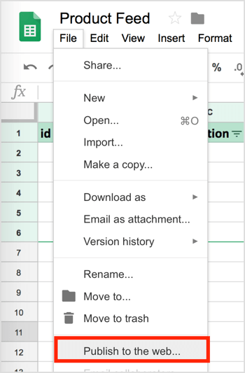 В Google Sheets изберете Файл> Публикуване в мрежата.