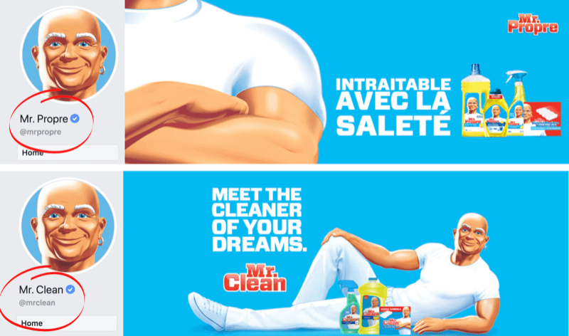 Страница във Facebook и изображение на корицата, показващи езикови разлики за марката Mr. Clean във Франция / Белгия и САЩ