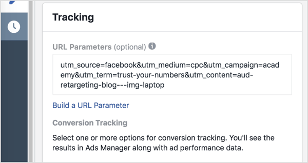 В Ads Manager добавете параметрите си за проследяване (всичко след въпросителния знак) в полето Параметри на URL адреса.