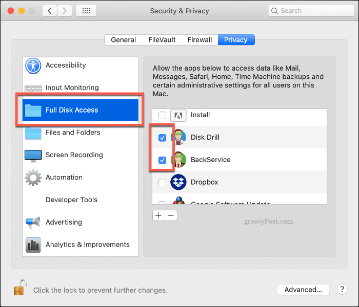 Разрешаване на пълен достъп до дисково пробиване на macOS