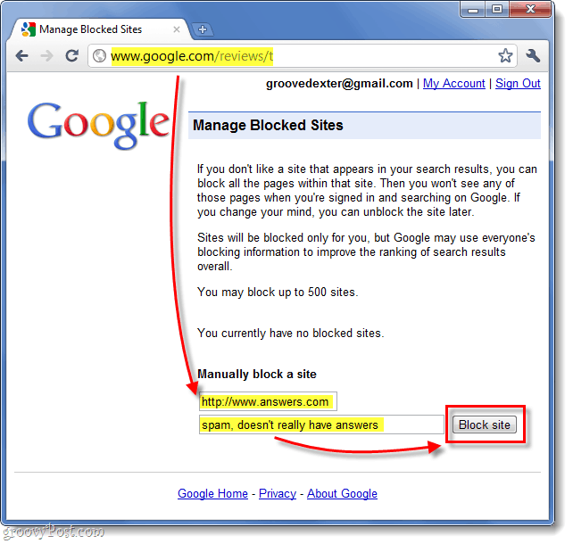 ръчно блокирайте уебсайт от резултатите от търсенето в Google 