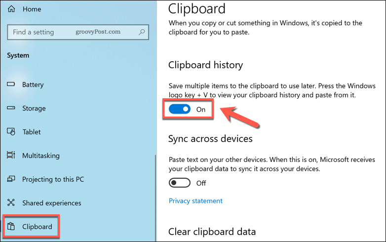 Активиране на историята на клипборда в Windows 10