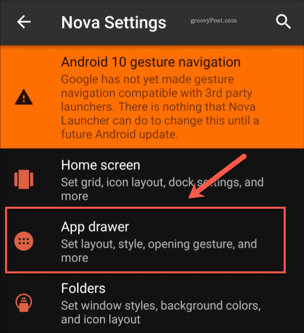 Опция от менюто на чекмеджето на приложението Nova Settings