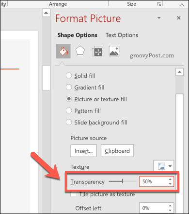 Модифицирано ниво на прозрачност за форма на PowerPoint